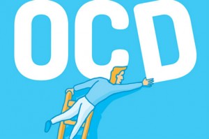 Cartoon illustration of an obsessive man correcting a crooked ocd letter